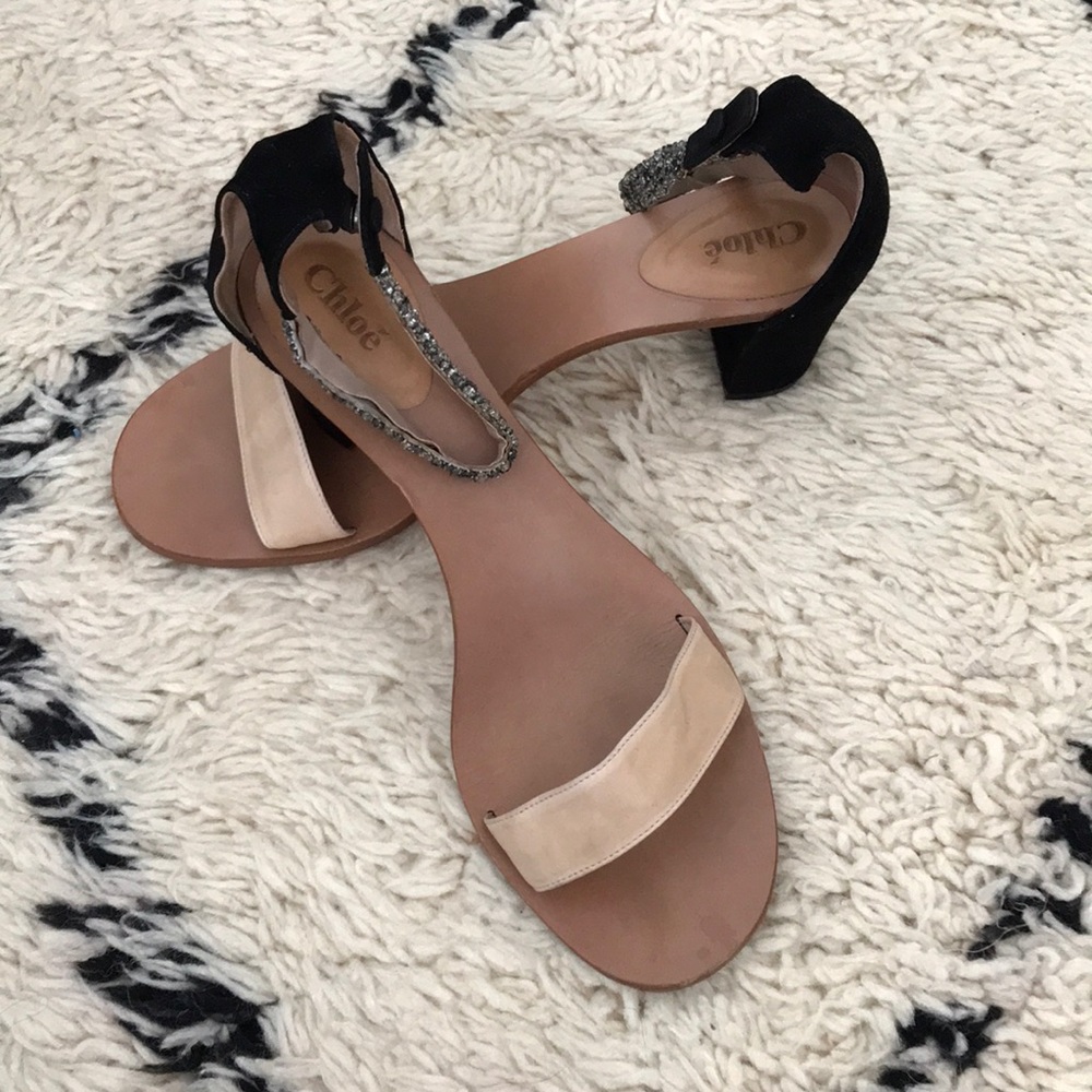 Chloe embellished ankle strap heels.